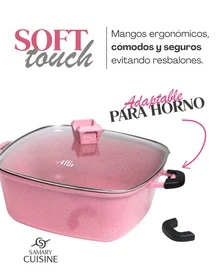 Batería de cocina de cerámica premium 14 piezas Piezas jumbo, cuadradas y 2 utensilios de silicona, Incluye olla, cazuelas o arroceras desde los 2.5 hasta los 10.5 litros y dos agarraderas de silicona. Apto para todo tipo de estufas, incluidas de gas, eléctrica, inducción y vitrocerámica - Rosa - Ver 6