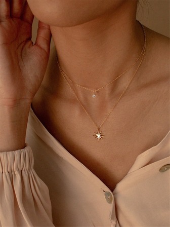 1pc Zirconia Eight-Pointed Star Pendant Double Layered Necklace For Women, Daily Wear, Party, Date And Vacation Gift