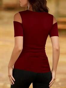 2025 Fashionable Casual Solid Color Lace Collar Open Shoulder Short Sleeve Blouse Summer - Burgundy - View 4