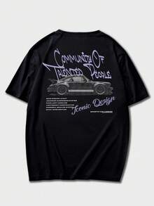 Zrgoth 男士休闲百搭简约英文标语及汽车印花短袖T恤 - 黑色 - 查看 7