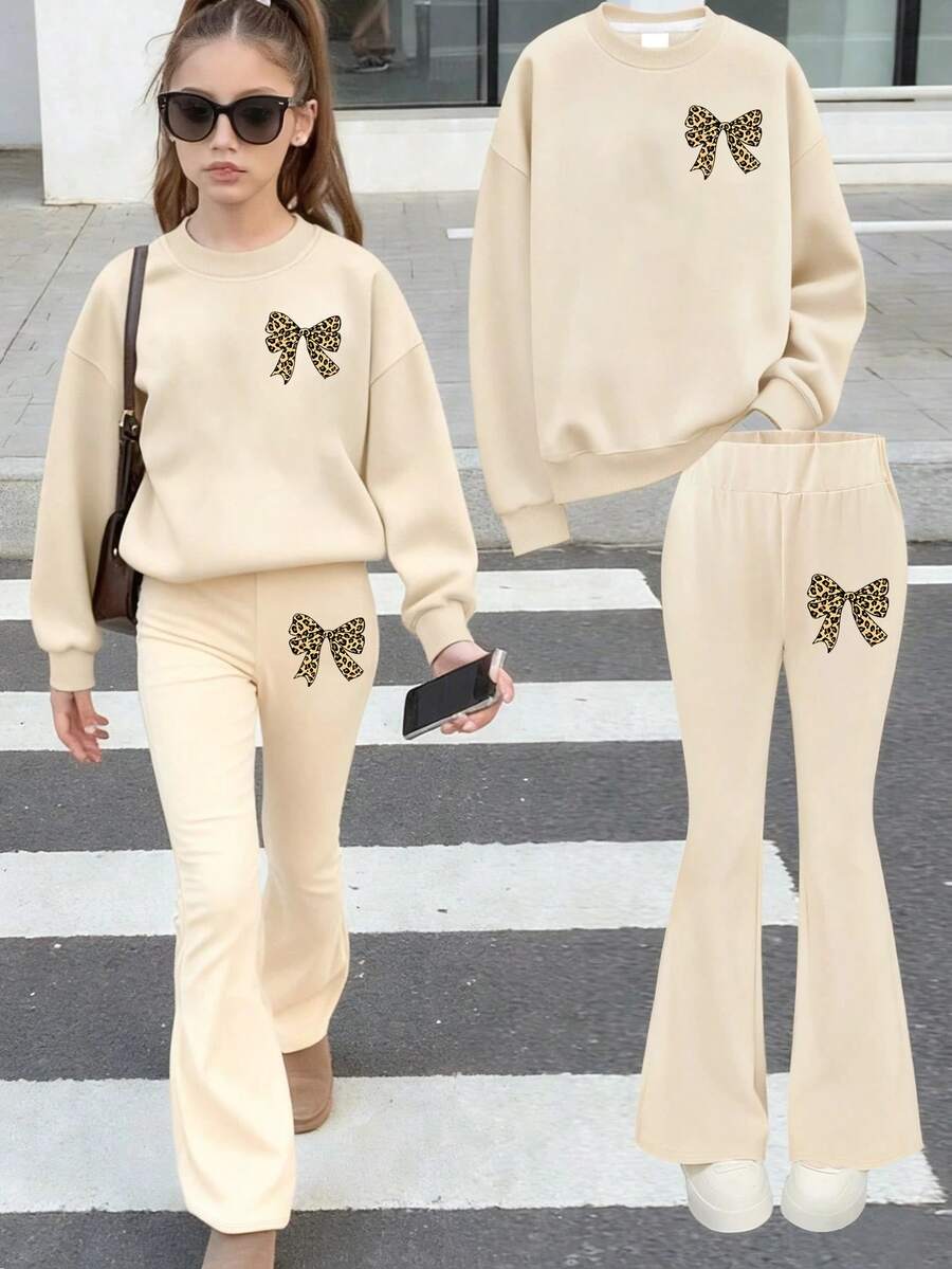 Bộ 2 quần ống loe và áo nỉ họa tiết da báo và nơ cho bé gái tuổi teen, trang phục thường ngày thoải mái và thời trang, trang phục trở lại trường - Màu be - Xem 1