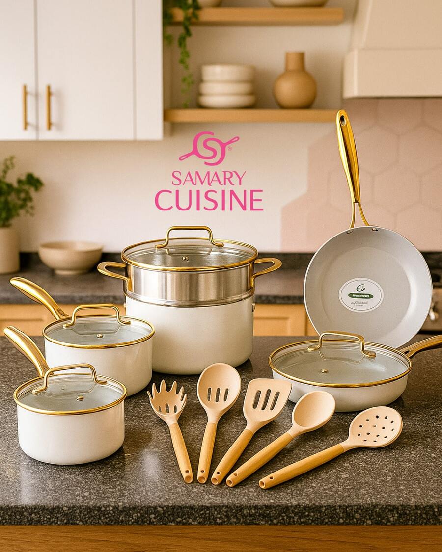 Bateria de ceramica Dore 15 piezas, apto para todo tipo de estufas, tapas de vidrio templado. lleva de regalo 5 utensilios de silicona, apto para todo tipo de estufas como gas, eléctrica, inducción y vitrocerámica. También apta para el horno. Incluye olla vaporera, Pocillos y sartenes - Blanco - Ver 1
