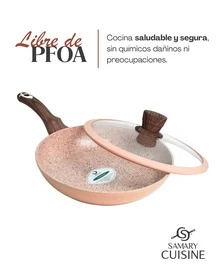 Batería Tanya 10 piezas recubrimiento de cerámica premium y tapas irrompibles, No se pega la comida, Incluye olla de 7.2 L perfecta para caldos, sartén wok 28 cm perfecto para guisos o saltear verduras, arrocera 28 cm perfecta para arroz, sartén de 26 cm con tapa y sartén 20 cm para huevos y comal rectangular para tortillas, milanesas y más - Albaricoque - Ver 3