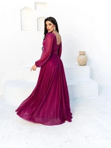 Long Dress Puff Sleeve Graduation Party Wedding Bridesmaid Guest - 玫瑰紅 - 查看 2