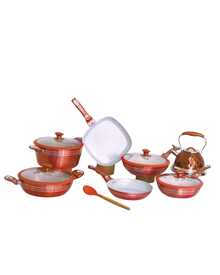BATERIA DE COCINA ELIZABETH CON RFECUBRIMIRNTO DE CERAMICA PREMIUM Y TAPAS IRROMPIBLES 16 PIEZAS, APTO PARA TODO TIPO DE ESTUFAS GAS, ELECTRICA, INDUCCIÓN Y VITROCERAMICA, OLLA PARA CALDOS, SARTEN PARA HUEVOS, SALETAR VERDURAS, ARROZ Y PERFECTO PARA BISTEC, PESCADO Y MÁS - Rojo y blanco - Ver 2