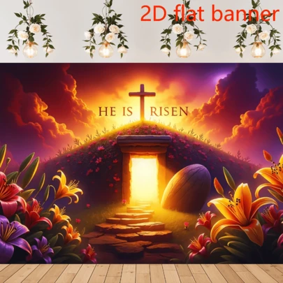 2D平面横幅，1幅复活节庆祝背景横幅，以充满活力的日出场景为特色，饰有十字形彩蛋和白色百合花，采用聚酯纤维制成，非常适合室内和室外使用。