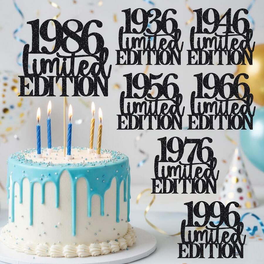 1个黑色闪光“1936-1996限量版”蛋糕装饰插牌，适用于30-90岁生日派对装饰，优质卡纸周年纪念用品 - 彩色 - 查看 1