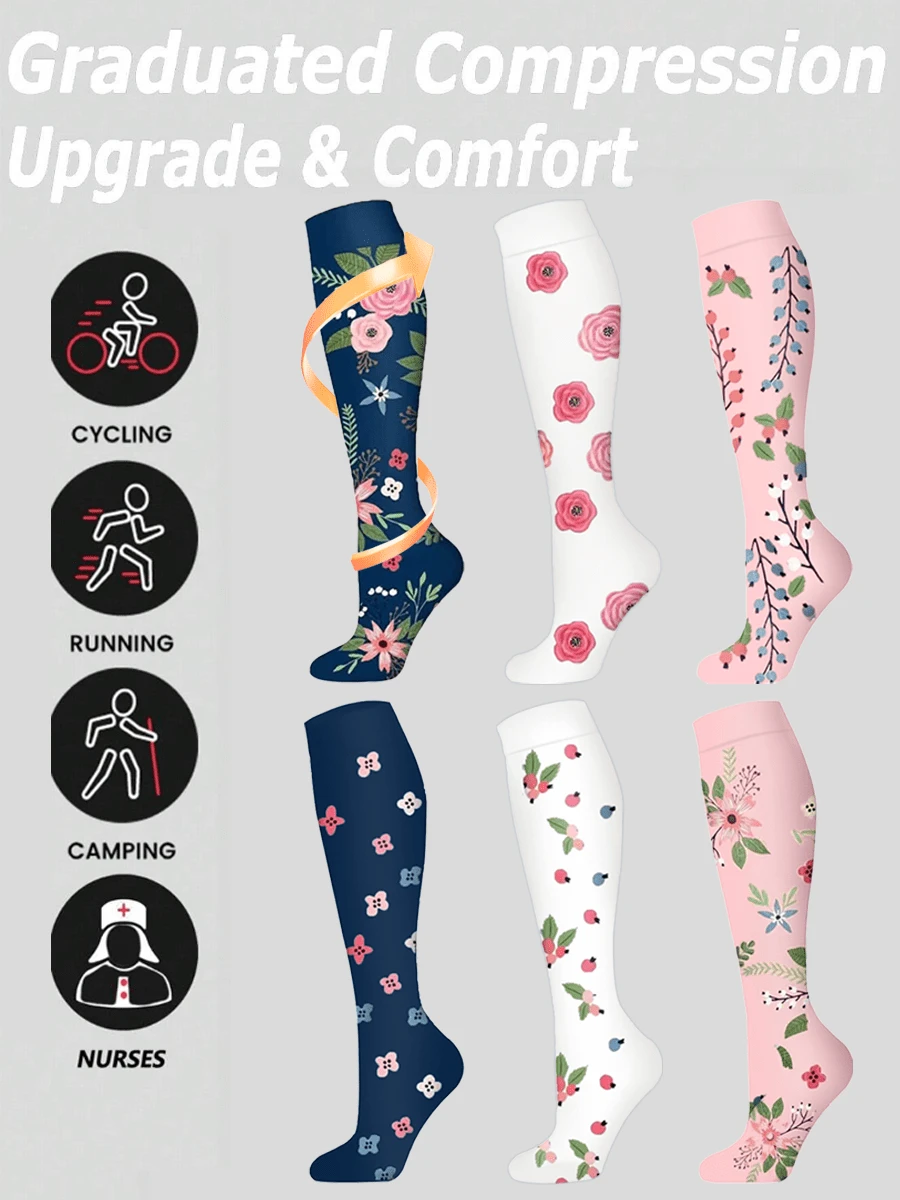 6 Pairs Of Men's And Women's Compression Socks, Floral Pattern, Breathable Knee-High Socks, Suitable For Running, Cycling, Hiking, And Traveling, And Suitable For All Seasons. - Nhiều màu - Xem 1