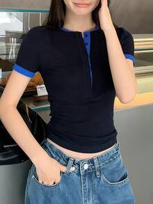 Women's Contrast Color Fitted Crew Neck Short Sleeve Undershirt Casual Summer - Navy Blue - View 2