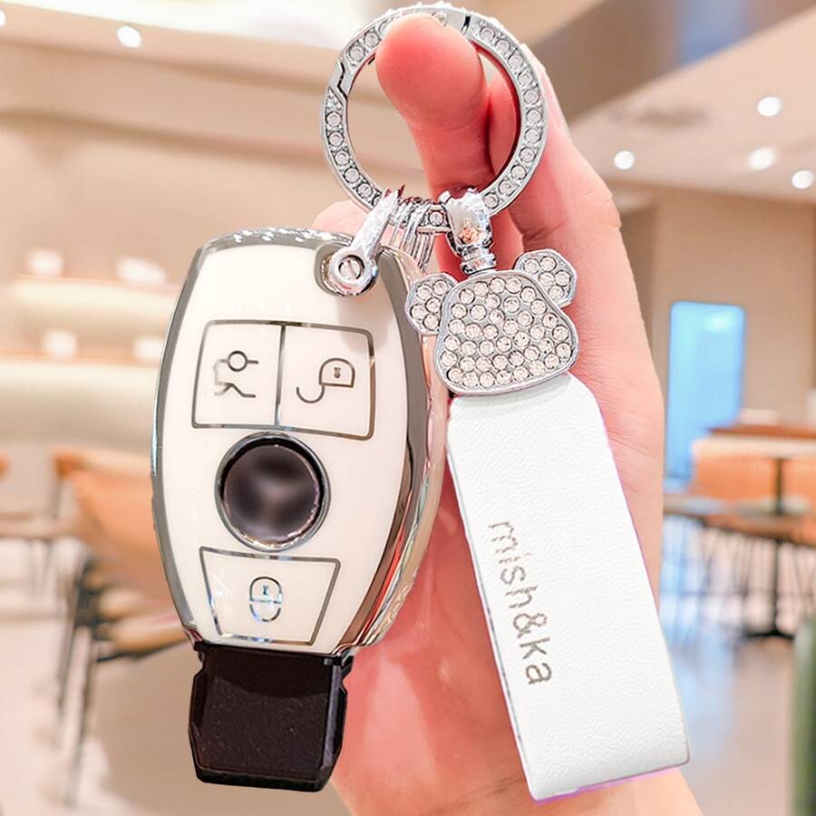 適用於汽車鑰匙遙控器保護套、汽車鑰匙外殼,附水鑽熊造型鑰匙圈,相容 A B C E G R S M-Class CLA CLS GLA GLC GLE GLS SLC SL GLK GL SLK Viano GT SLS 等鑰匙,汽車鑰匙收納盒,禮物,聖誕禮物 - 彩色 - 查看 1
