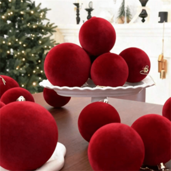 圣诞树装饰品 12 件装天鹅绒圣诞树挂饰，混合尺寸植绒挂饰，圣诞节节日悬挂装饰（酒红色）