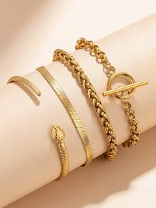 4-Piece Neutral Bracelet Set-Bohemian Style, Including Flat Snake Chain, Paper Clip Chain, Snake Bracelet, Beaded Chain And Classic Chain Design, Suitable For Daily Wear And Gift. - Bracelet - View 9