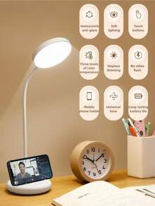 1pc Adjustable 3-Level Brightness LED Desk Lamp With Phone Holder, Rechargeable 800mAh Battery, USB Charging, Dimming Function, Suitable For Office, Student Study And Reading - White Red Light - View 7