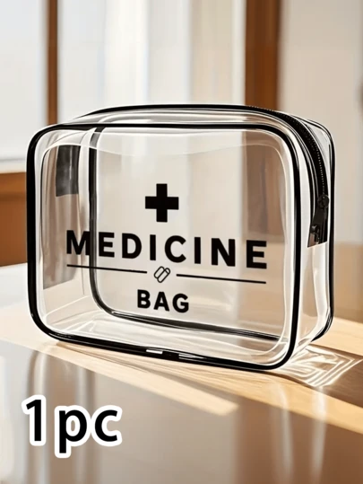 1pc Transparent PVC Portable Storage Bag, Printed With "Medicine" Text, Can Be Used As Medical Supply Organizer, Large Capacity Cosmetic Bag, Waterproof Zipper Makeup Pouch, Travel Organizer For Lipstick, Makeup Brushes, Skincare, Phones, Etc.