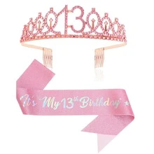 2pcs/Set 4th 5th 6th 7th 8th 9th 10th 12th 13t 16th Birthday Gift Party Favor Rhinestone Crown Jewelry Peony Ribbon Number Etiquette Rose Flower Shoulder Strap Onion Powder Cloth Belt Holiday Dress Up Set Fashion Number Delicate Crown Tiara Hair Accessories It's My Birthday For Pink - Rose Gold - View 19