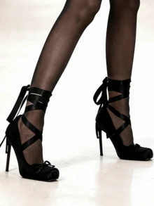 Women's Ballet High Heels Square Toe Mary Janes Lace Up Heels Elegant Ballerina Stiletto Heels Bow Decoration Party Dancing Shoes - màu đen - Xem 7