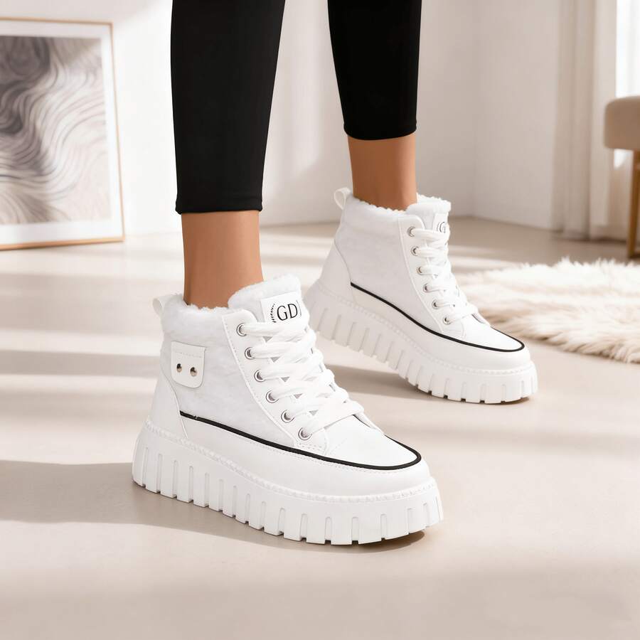 Autumn And Winter Fashion Casual Lamb Wool Lined High-Top Shoes, Faux Leather Patchwork Color-Block Metal Decor Lace-Up Platform Wedge Women's Shoes, Warm And Comfortable - 白色 - 查看 1