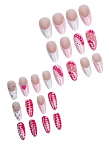 Sanrio 24-teiliges mittelgroßes mandelförmiges Nagel-Set zum Aufkleben, modern-lässiger Retro-Eleganz- und Y2K-Pop-Art-Stil mit klassischen Rosa-Weiß-Französisch-Designs