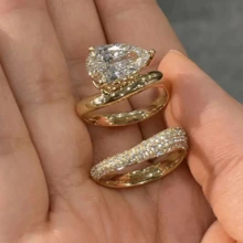2pcs Luxury Women's Engagement Ring Set With Teardrop Zirconia Stone Decor, Suitable For Daily Wear, Wedding Anniversary, Party, Jewelry, Valentine's Day, Birthday Gift - Gold - View 14