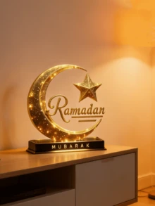 1 món đồ trang trí tiệc Ramadan, hình ngôi sao và mặt trăng bằng acrylic để bàn, trang trí nhà cửa, trang trí phòng ngủ, trang trí phòng khách, trang trí văn phòng, lễ Eid Al-Fitr. - Vàng - Xem 1