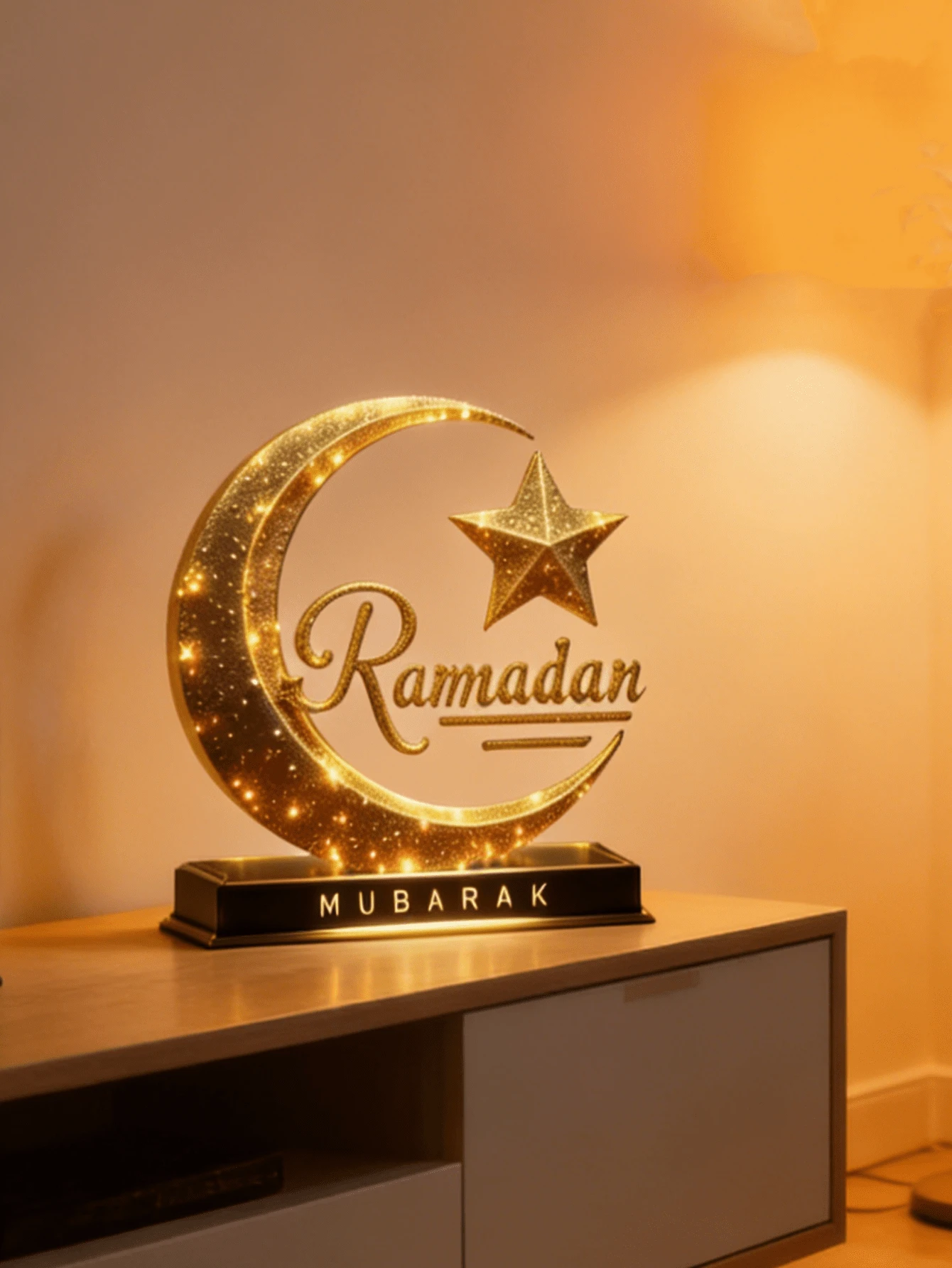 1 món đồ trang trí tiệc Ramadan, hình ngôi sao và mặt trăng bằng acrylic để bàn, trang trí nhà cửa, trang trí phòng ngủ, trang trí phòng khách, trang trí văn phòng, lễ Eid Al-Fitr. - Vàng - Xem 1
