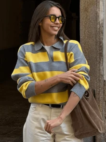 GDDYIN Women's Striped Contrast Ribbed Casual Sweater - Yellow - View 4