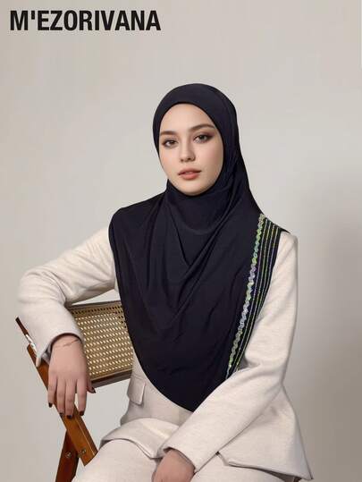 1pc Solid Color Headscarf With Sequin Striped Decor, Soft & Breathable Polyester Fabric, Casual Daily Wear