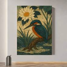 Framed 1pc Vibrant Kingfisher & Water Lily Canvas Wall Art - Retro Decorative Print, Elegant Home Decor, Ready-To-Hang For Living Room & Bedroom - Framed - 查看 1