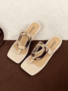厚底拖鞋凉鞋，夏季金属扣人字拖凉鞋，时尚方头镂空百搭金属扣露趾人字拖，复古别致人字拖凉鞋，法式低跟女士拖鞋 - 米色 - 查看 6