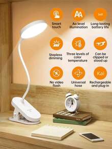 1pc Adjustable 3-Level Brightness Clamp LED Desk Lamp, Rechargeable With 800mAh Battery, Dimmable, Remote Control, USB Charging, Clamp Or Stand, Suitable For Office, Student Study And Reading - White Red Light - View 3