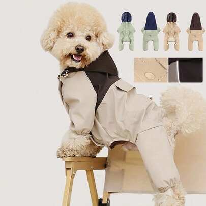 小型及中型犬猫雨衣 - 全天候防水、防尘、防紫外线（晴天/雨天）四脚宠物撞色轻便外套 | TPU防水透气面料，反光条提升夜间安全，便捷纽扣设计，弹性袖口和裆部，可调节颈/背带 | 卡其色/浅绿色/紫色宠物防风衣