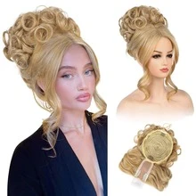 Messy Bun Hair Piece With Bangs - 2-In-1 Hair Bun Hairpieces Curly Updo Wig & Hair Topper With Long Side Bangs Natural-Looking Drawstring Ponytail Extension For Women - Multicolor - View 12