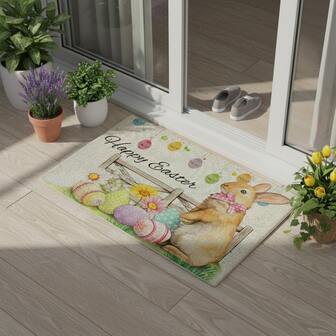 1pc 80x40cm Easter Bunny & Eggs "Happy Easter" Printed Doormat - Cute Fabric Entryway Mat, Suitable For Foyer, Kitchen, Balcony, Easter Home Decor