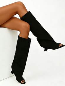 Knee High Boot Open Toe Kitten Heel Stiletto Heeled Boots For Woman Suede Wide Calf Long Boots Heeled Slouchy Formal Shoes Winter Tall Boots For Women - Nhung đen A - Xem 3