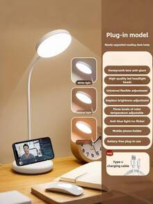 1pc Adjustable 3-Level Brightness LED Desk Lamp With Phone Holder, Rechargeable 800mAh Battery, USB Charging, Dimming Function, Suitable For Office, Student Study And Reading - White Red Light - View 13