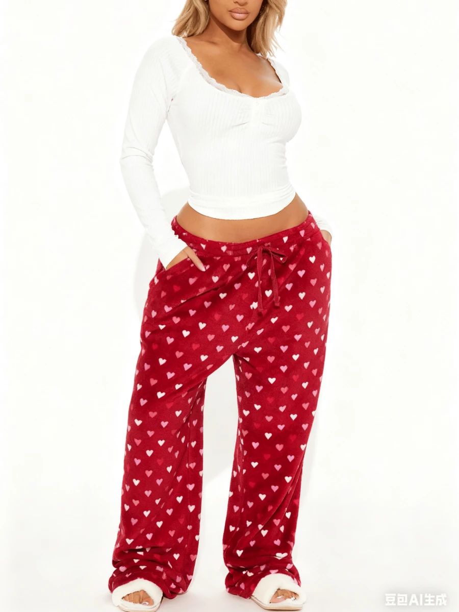 Womens Furry Plush Pajamas Pants Valentines Love Heart Fleece Pants Drawstring Waist Wide Leg Lounge Bottoms - 降紅色 - 查看 1