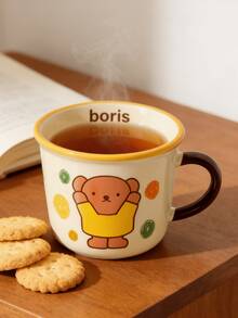 350ml Ceramic Mug, Milky White, Minimalist Style, Yellow Trim, Dark Brown Handle, Featuring Cute Boris Cartoon Pattern, Ceramic Material, Portable Design, Large Capacity, Ideal For Daily Use, Office, Leisure, Breakfast, Cozy Moments, Cartoon Enthusiasts, Young Women, Students, Also A Thoughtful Gift For Friends/Loved Ones