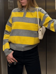 GDDYIN Women's Striped Contrast Ribbed Casual Sweater - Yellow - View 8