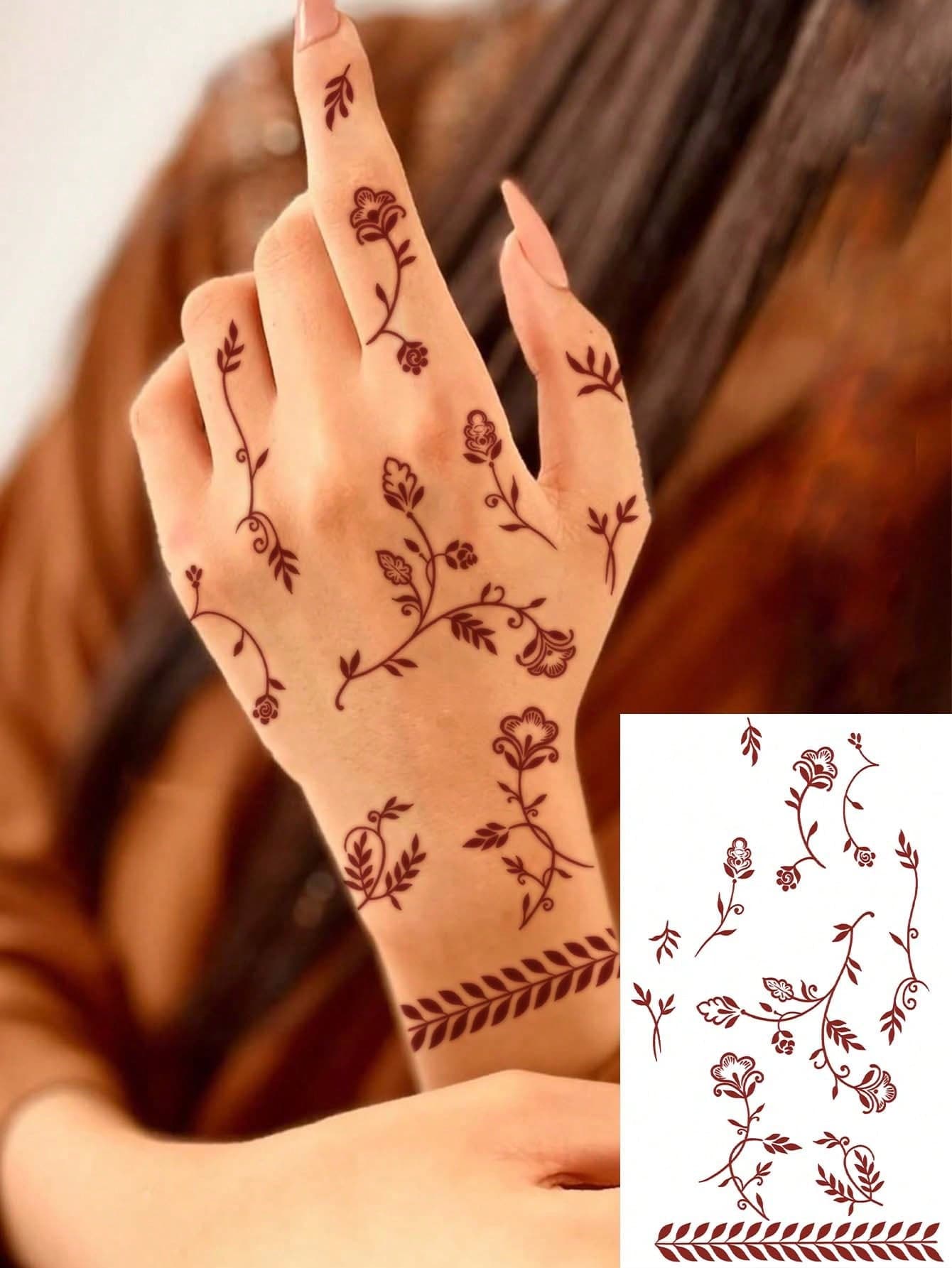 1pc Flower Temporary Tattoo Sticker, Waterproof, Sweat-Proof, Suitable For Hands & Feet, Applicable For Daily Use, Lasts 1-3 Days - Red - View 1