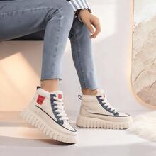 Autumn And Winter Fashion Casual Lamb Wool Lined High-Top Shoes, Faux Leather Patchwork Color-Block Metal Decor Lace-Up Platform Wedge Women's Shoes, Warm And Comfortable - 藍色 - 查看 4