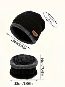 男士冬季帽子围巾两件套 - 时尚黑色针织帽带保暖内衬 - 彩色 - 查看 2