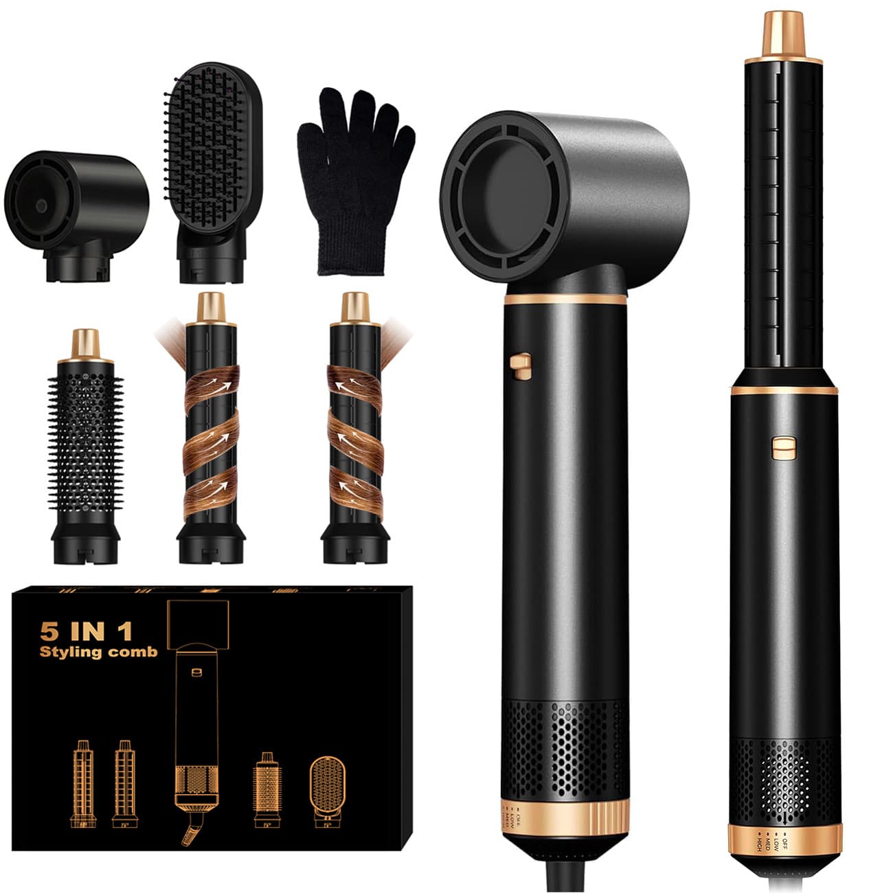 ATOPSKINS 五合一热风造型器/吹风机/直发器 - 可拆卸离子梳 | 蓬松造型，卷发棒/直发器 | 节日促销美发造型礼品