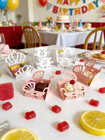 Set de 10 contenedores de papel de 3*3cm con diseños lindos de cochecito de bebé/corona/oso de peluche, para decoración de mesa de postres en fiesta de cumpleaños, cajas para dulces y pasteles