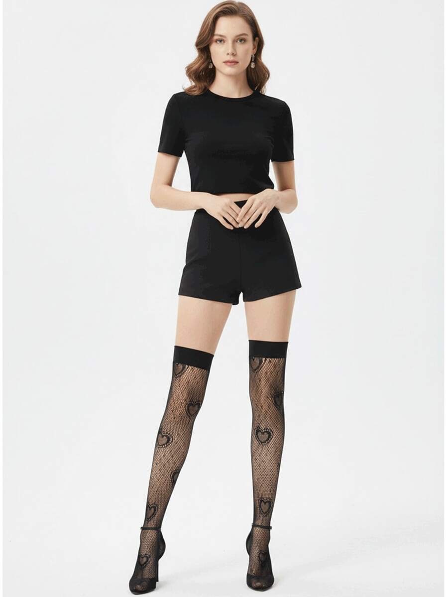 Medias altas para mujer - Corazón, rejilla, sobre la rodilla, sexy calado, medias altas con forma de corazón, subcultura oscura, medias de seda negra de rejilla - Negro - Ver 1