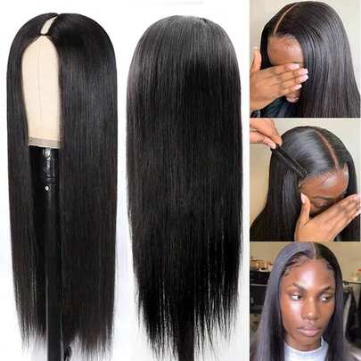 Peluca de cabello humano con densidad del 200% | Parte en V con encaje frontal, peluca completa sin pegamento de cabello liso, media peluca con clip, sin dejar cabello natural, accesorios para vestirse en Navidad