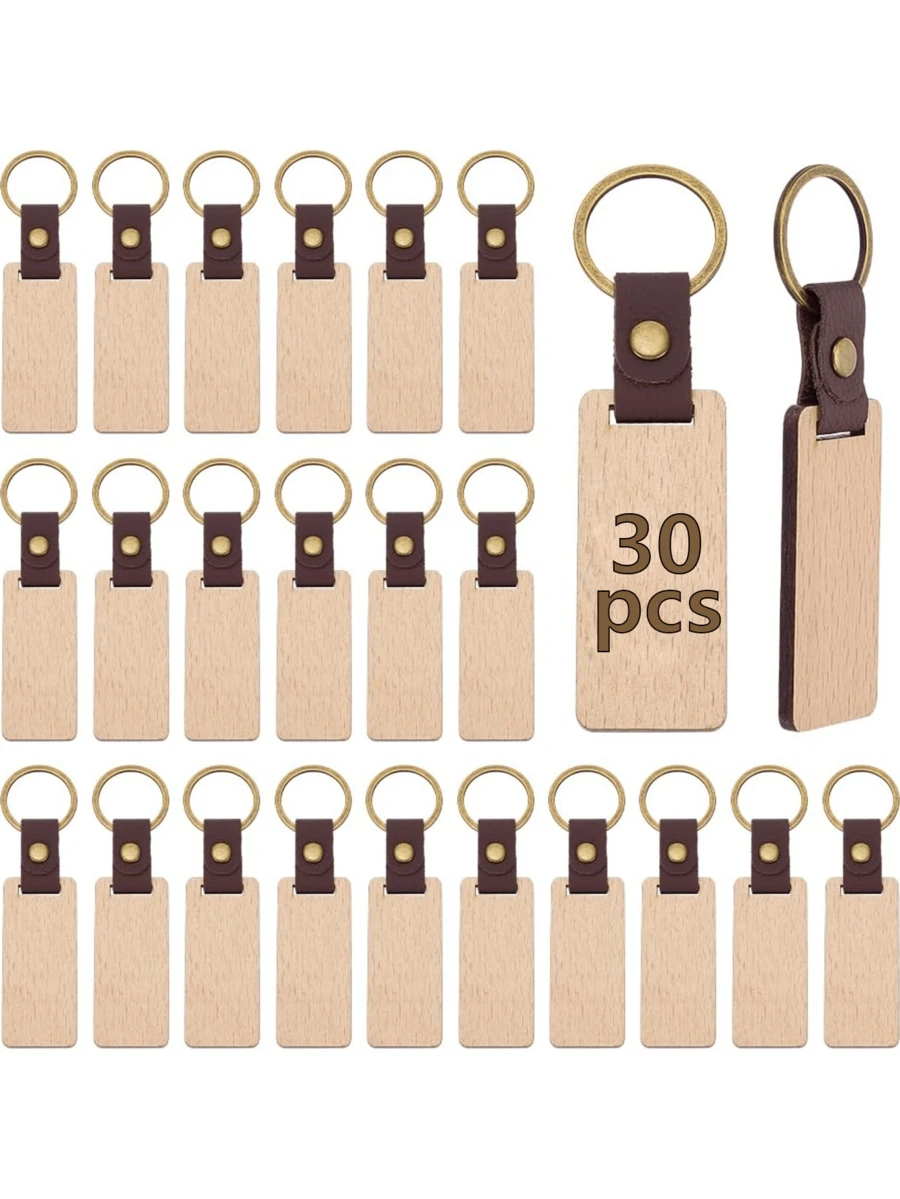 30个木质圆形钥匙扣，创意小礼品及工艺品木质钥匙圈 - 木色(橢圓1) - 查看 1