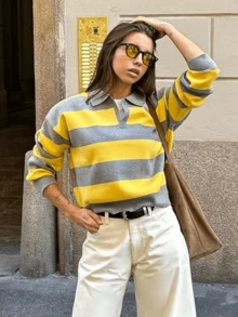 GDDYIN Women's Striped Contrast Ribbed Casual Sweater - Yellow - View 5
