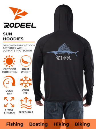RODEEL Herren Outdoor Hoodie mit Schwertfisch Design, Kapuze mit Gesichtsbedeckung und Daumenöffnungen, weich und atmungsaktiv, ideal für Angeln, Wandern, Radfahren und Bootfahren