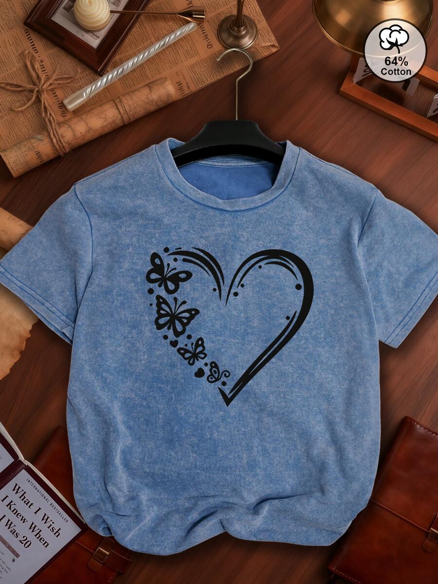 Ladies Plus Size Vintage Print T-Shirt, Summer Casual Short-Sleeved Round Neck T-Shirt, Suitable For Parties, Dates, Everyday Valentine's Day Wear, Summer Daily Wear, Wash Texture, Printed T-Shirt - Blue - View 1