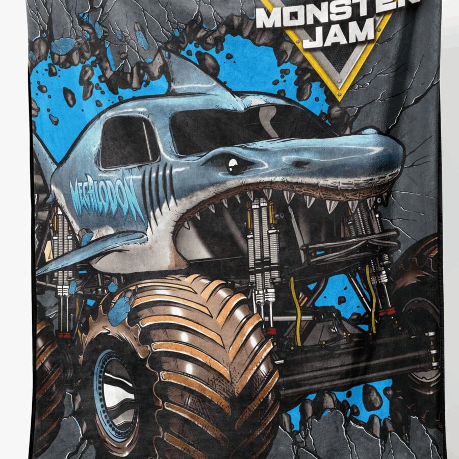 Pattern Features A Megalodon Monster Truck Crushing Through Rock With The Monster Jam Logo, Flannel Blanket Provides Warmth, Super Soft Touch, And Enduring Comfort Perfect For All Seasons, 280 GSM. - 白色 - 查看 1